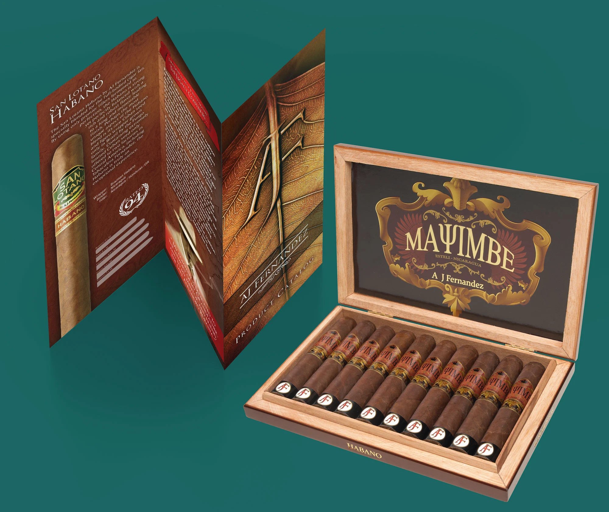 An open box of AJ Fernandez cigars with a booklet displayed, showcasing the premium cigars inside