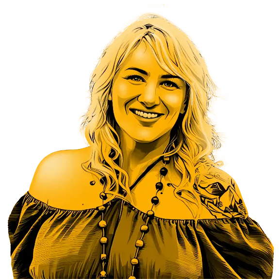 Illustrated portrait of Brooke York smiling brightly with long hair and bangs.