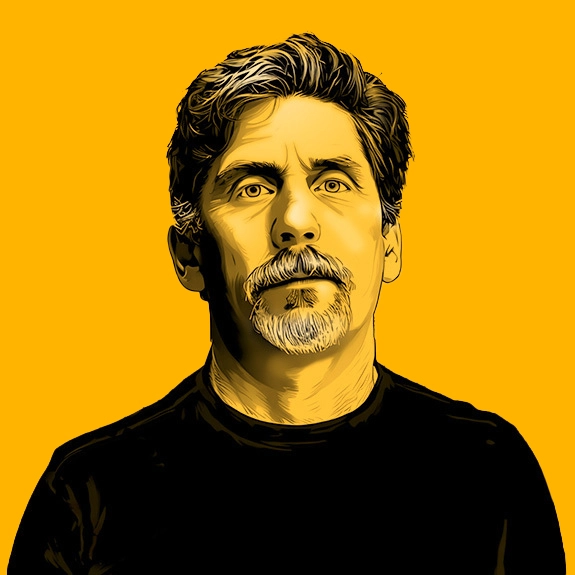 Illustrated portrait of Chet Carlbom with mustache and thick hair, looking focused.