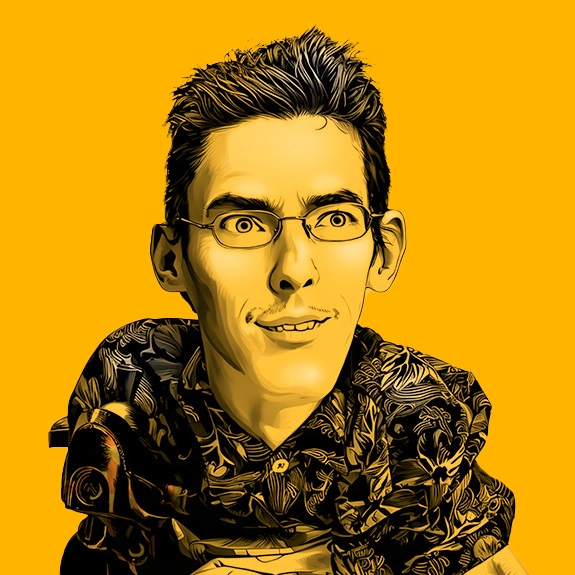Illustrated portrait of Chris Van Deusen with glasses and slight smile.