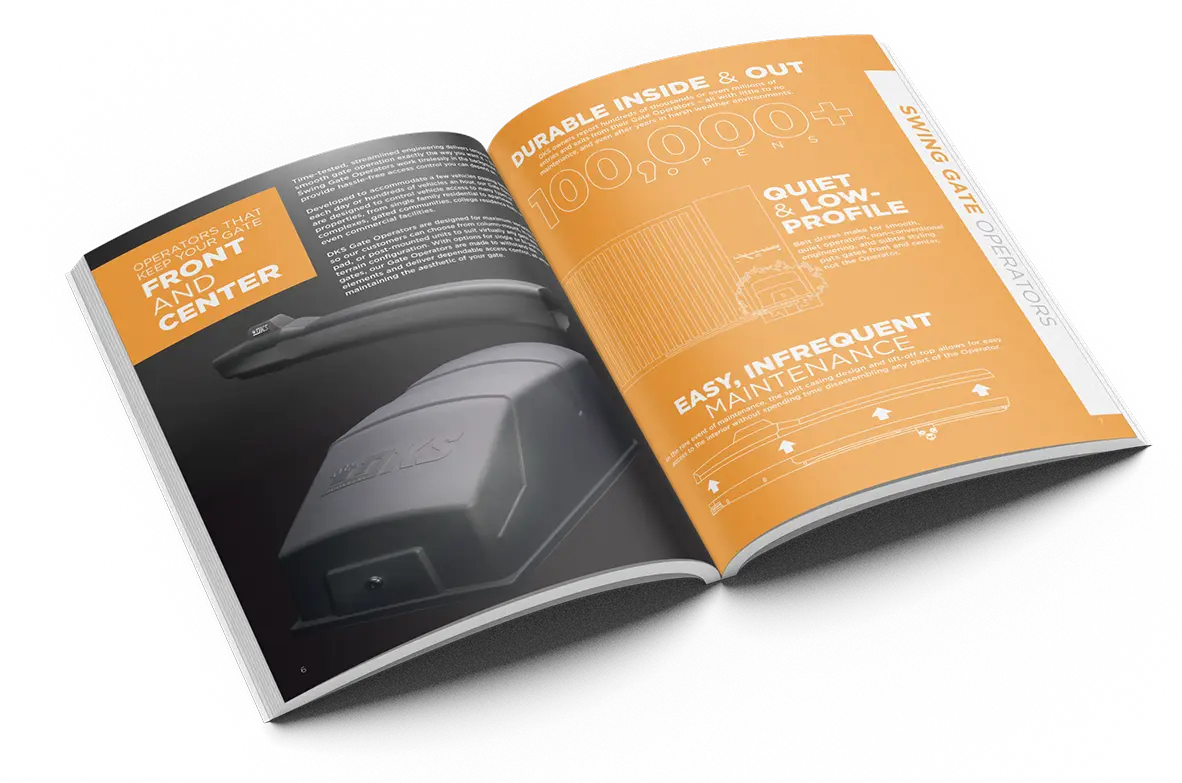 An eye-catching orange catalog with a striking black and white interior page, highlighting the DKS Catalog by Dogs of Design