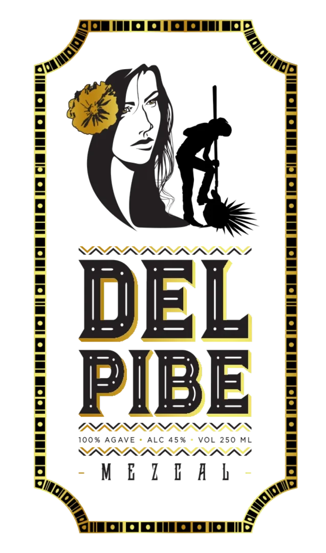 Artistic logo for Del Pibe Mezcal, highlighting the essence of mezcal with bold colors and intricate design elements