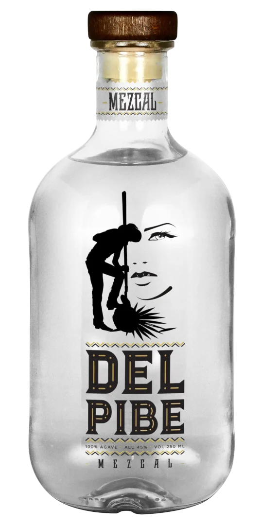 Del Pibe Mezcal Label and Logo Design highlighting detailed portraits of a woman’s face and an agave farmer