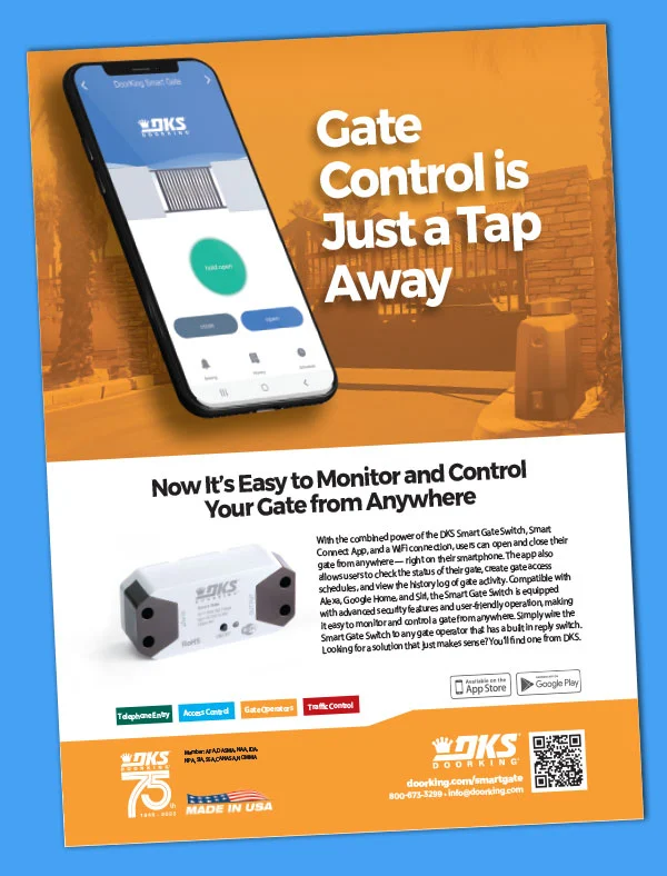 A smartphone displaying the DKS SmartGate app, showcasing easy gate control with just a tap for ultimate convenience