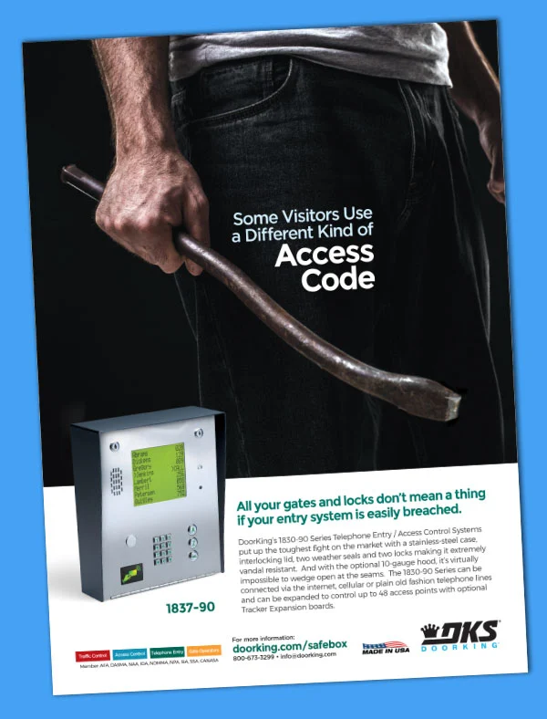 Ad showcasing DKS Access Code, highlighting security solutions by Dogs of Design with creative visuals and engaging copy