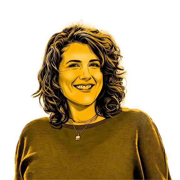 Illustrated portrait of Jessica Cyr with curly hair, smiling in a relaxed top.