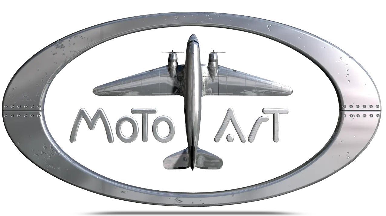 A metallic logo featuring a stylized airplane viewed from above, enclosed within an oval frame that resembles aircraft fuselage with rivets. The brand name 'MotoArt' is written in a metallic, aviation-inspired font below the airplane.
