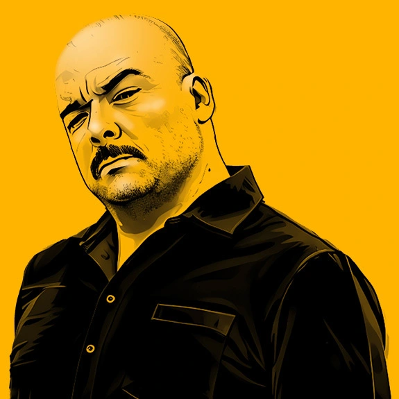 Illustrated portrait of Ricky Perez with a goatee, looking confidently forward.