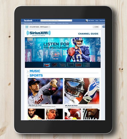 Engaging Facebook landing page design for SiriusXM, featuring creative graphics by Dogs of Design for a captivating look on tablet