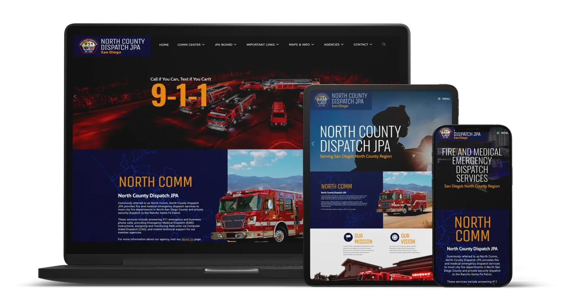 Modernized North County Fire Department website, emphasizing streamlined navigation and improved accessibility for dispatch services