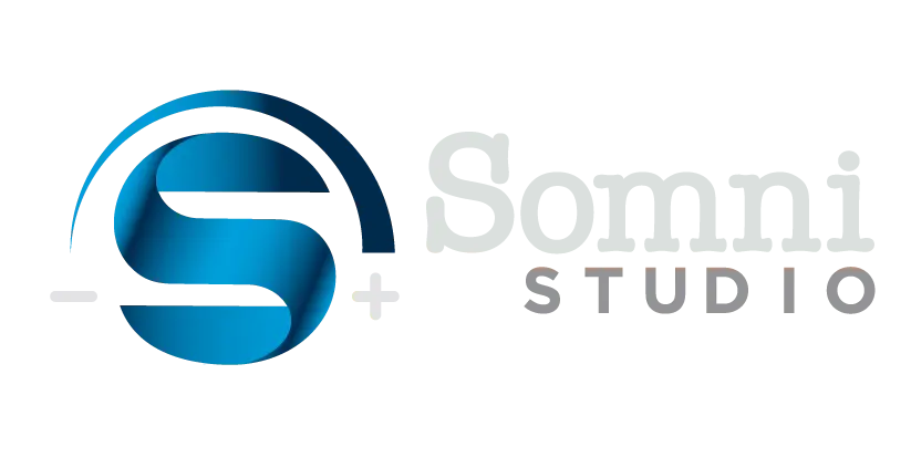 Somni Studios logo concept featuring a blue arc and wave-shaped S symbol with barcode-style lines.