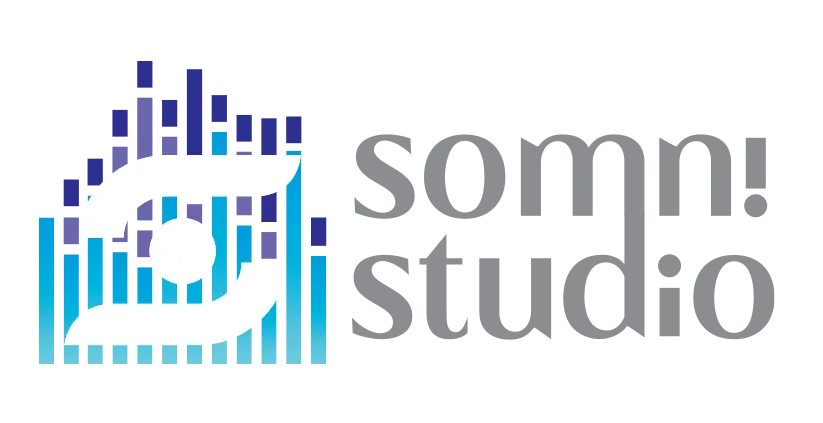 Somni Studios logo concept with pixel-style blue gradient icon and modern gray text.