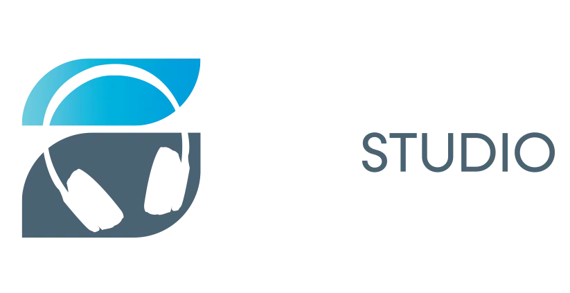 Somni Studios logo concept featuring a blue arc and wave-shaped S symbol with barcode-style lines.