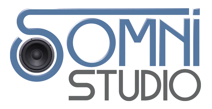 Somni Studios branding concept with a speaker integrated into the “O” and modern metallic typography.
