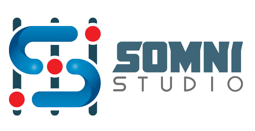 Somni Studios logo design using a digital circuit-style S shape with red connector dots.
