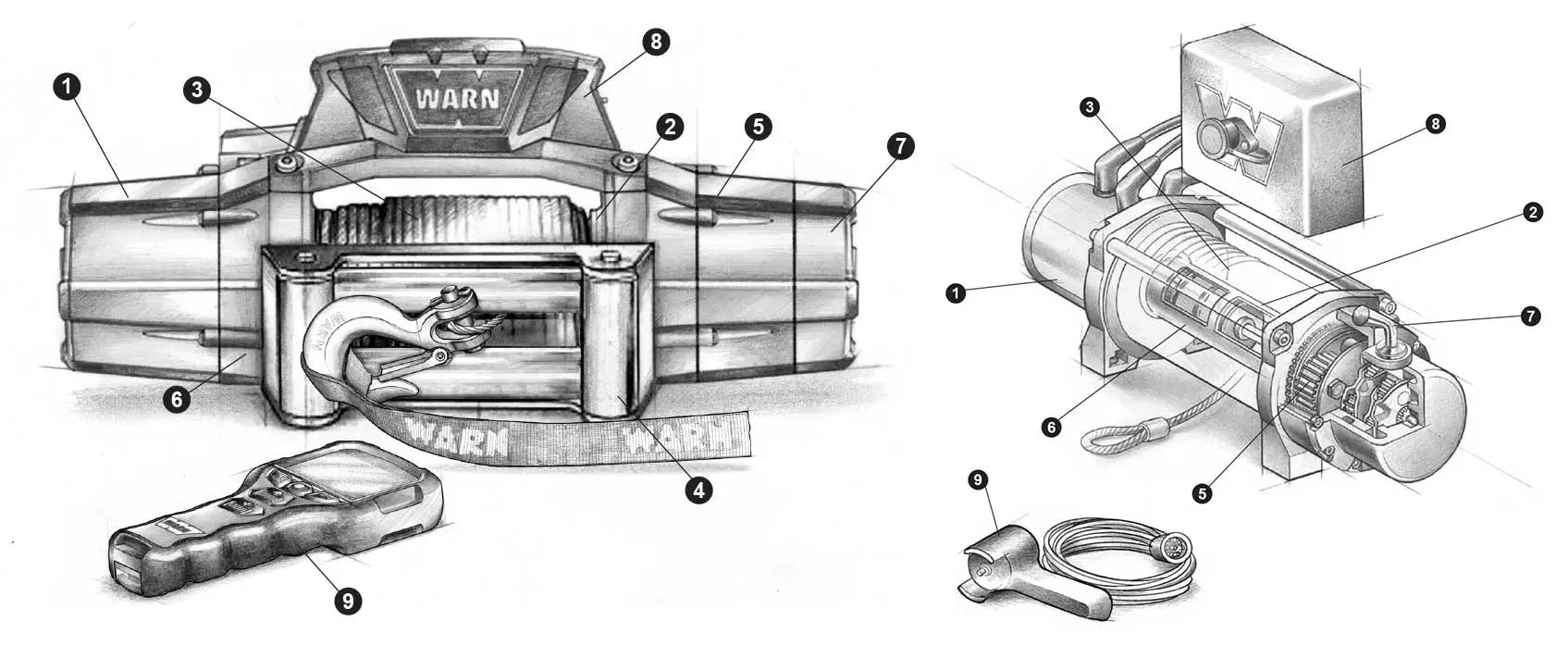 WARN Electric Winch — Front and Cutaway View